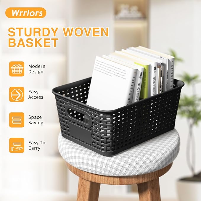 Black Plastic Storage Baskets - Pack of 8 with Labels Stackable Durable Storage Bins, Storage Containers for Organizing Desktops, Closets, Playrooms, Classrooms, Offices-NeatNest