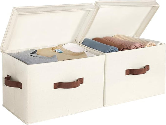 StorageWorks Fabric Storage Bins with Lid, Decorative Storage Boxes for Shelves, Stackable Closet Organizer Basket with Handles, Large, Ivory White, 2-Pack-NeatNest