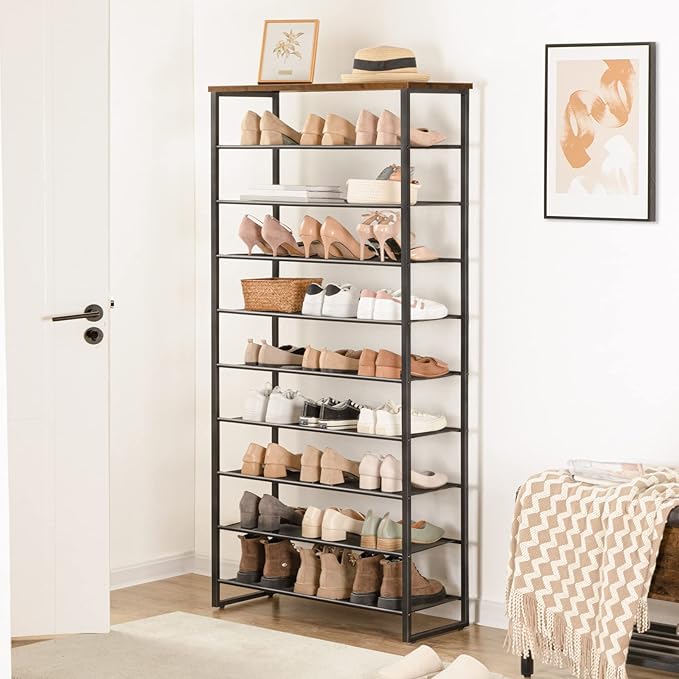 HOOBRO 10-Tier Shoe Rack, 29.5" L Shoe Storage Organizer, Large Capacity Shoe Shelf for Front Door Entrance, Entryway, Hallway, Holds 36-40 Pairs of Shoes, Closet, Rustic Brown and Black BF107XJ01-NeatNest
