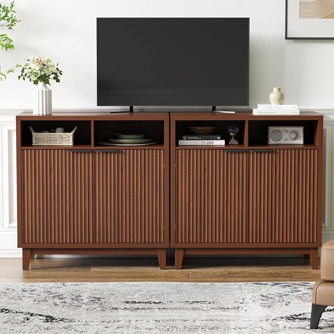 Buffet Cabinet with Storage - Elegant Fluted Storage Cabinet with Adjustable Shelves and Solid Wood Leg, Modern Buffet Sideboard for Living Room, Dining Room, Entryway-NeatNest