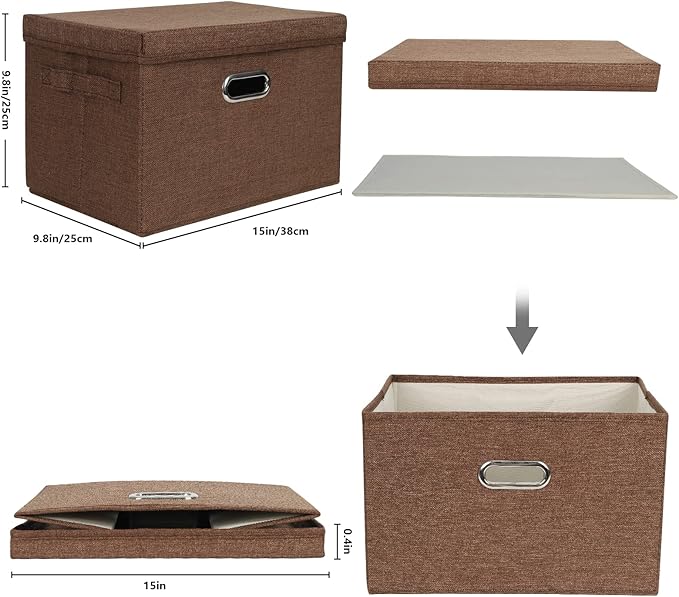 DAYARD Foldable Storage Boxes with Lids Linen Fabric Stackable Storage Bins Organizer Containers Baskets Cube with Cover for Closet Office Nursery, Coffee (15 x 10 x 10)-NeatNest