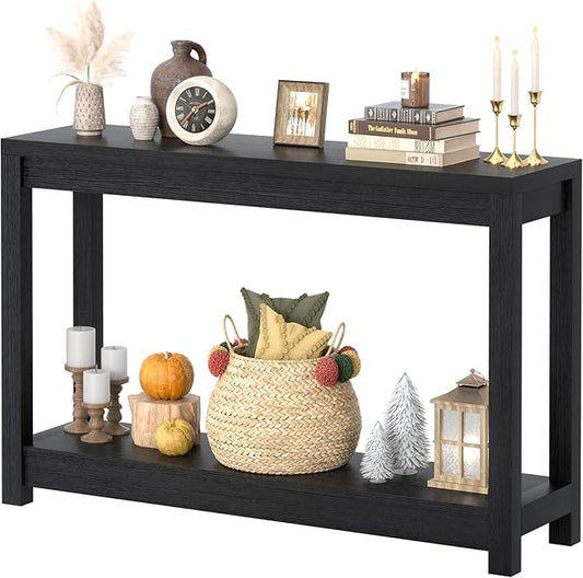 47" Farmhouse Wood Entryway Table Narrow Console Table with Storage Behind Couch Sofa Table with Shelves for Entry Way with Open Storage, Easy Assembly, Embossed Wood Grain Black-NeatNest