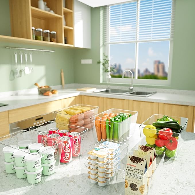 BALEINE Clear Plastic Storage Bins, Pantry Organization, BPA Free Stackable Refrigerator Organizers and Storage with Handles for Kitchen Fridge Cabinet Bathroom (4PK, 13x7.4x6.2)-NeatNest