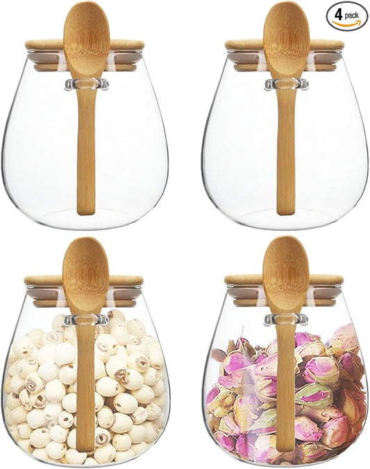 Clear glass storage containers, 28oz food storage jars, Set of 4, wide mouth, with spoons, for food storage, candy, coffee, biscuits, rice, sugar, tea, cereals, dried fruits, etc (Middle 4PCS)-NeatNest