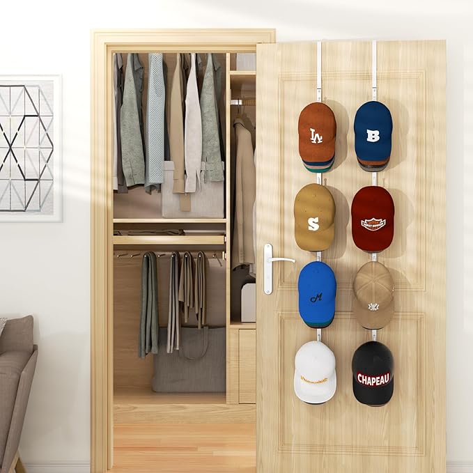 HapiRm Over Door Hat Rack - 2 Packs Hat Organizer with 8 Hooks Design, Hanging Baseball Cap Organizer Storage Holds Up to 40 Caps for Door, Bedroom, Closet (White)-NeatNest