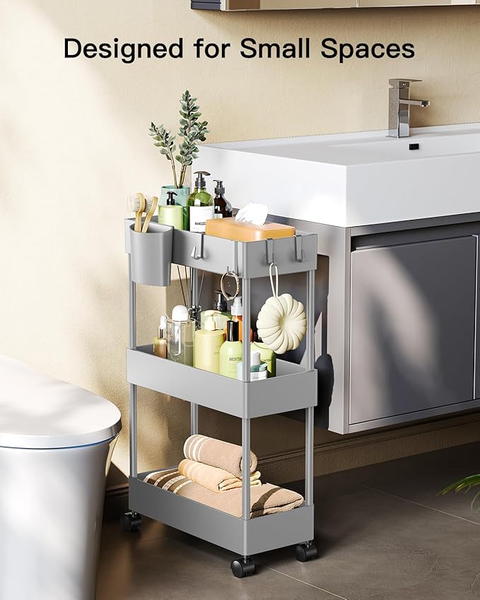 Pipishell Slim Storage Cart with Wheels - 3 Tier Bathroom Organizers and Storage Cart - Rolling Carts for Bathroom, Kitchen, Narrow Space, Laundry Room,Grey-NeatNest