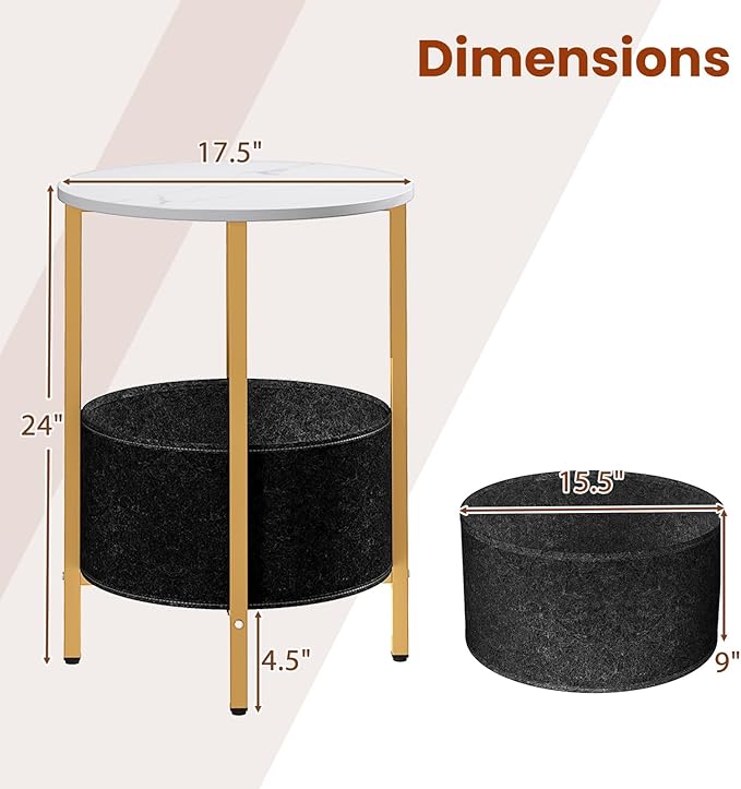 Giantex Round End Table Set of 2, Small Side Tables w/Removable Fabric Basket, Modern Bedside Tables w/Metal Frame, Sofa Couch Accent Tables for Small Space Living Room, Nightstand for Bedroom