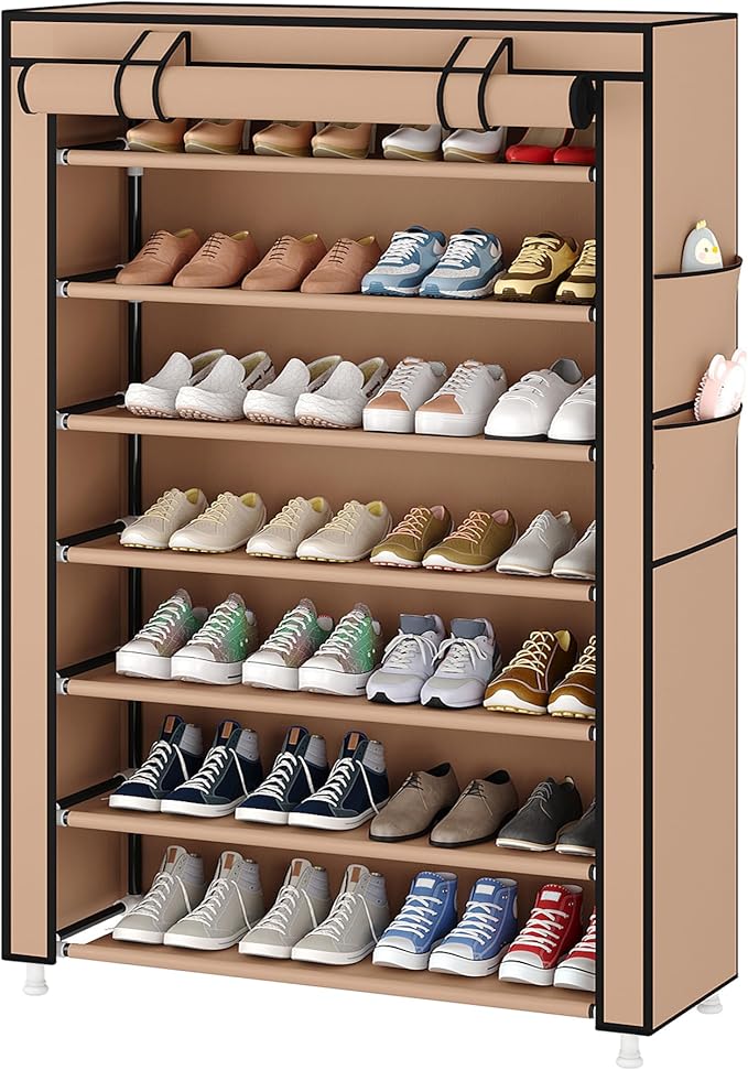 Laiensia 7-Tier Vertical Shoe Rack Organizer, Space Saving Shoe Storage Organizer, Non-Woven Cover Shoe Shelf Holds 28-35 Pairs for Bedroom, Hallway, Closet Entryway, Brown-NeatNest