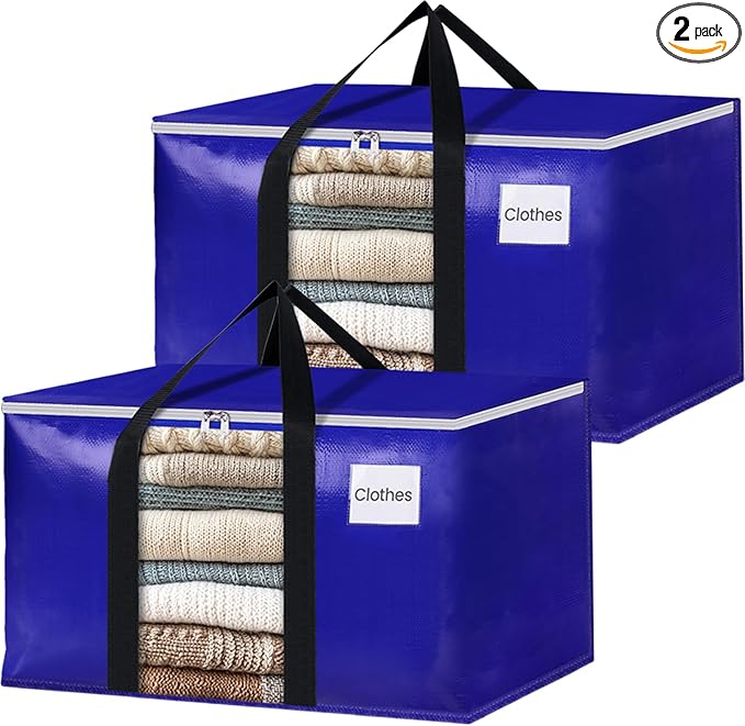 BlissTotes 2 Pack Moving Bags with Clear Window, Storage Bags with Strong Carrying Handles & Zippers,Large Packing Bags for Saving Space, Alternative to Moving Boxes(Blue,24 Gallon)-NeatNest