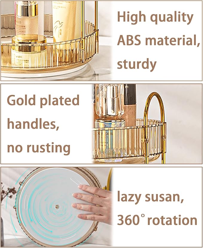 Rotating Makeup Organizer for Vanity, High-Capacity Skincare Clear Make Up Storage Perfume Organizers Cosmetic Dresser Organizer Countertop 360 Spinning (Gold, 3 Tier)-NeatNest