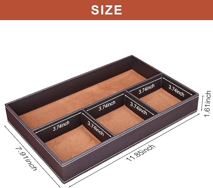 GORESE Faux Leather Valet Tray for Men, Stackable Jewelry Organizer for Drawers Inserts, Nightstand Caddy Tray for Key, Wallet, Sunglass, Watch, Coin, Phone, Bedside Desktop Storage Brown-NeatNest