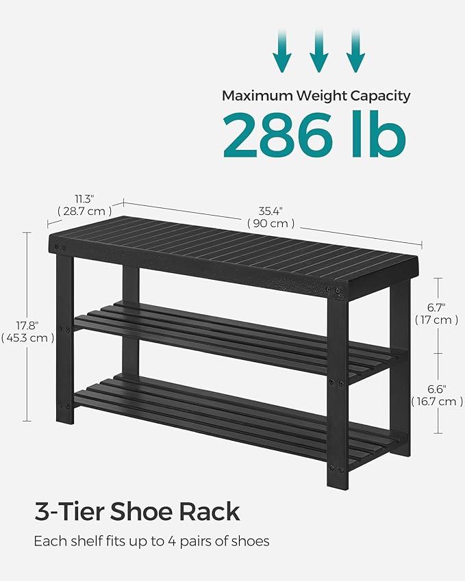 SONGMICS Shoe Rack Bench, 3-Tier Bamboo Shoe Storage Organizer, Entryway Bench, Holds Up to 286 lb, 11.3 x 35.4 x 17.8 Inches, for Entryway Bathroom Bedroom, Ink Black ULBS90B33-NeatNest