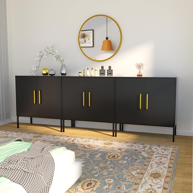 JOZZBY Buffet Sideboard Cabinet with Storage, Modern Wooden Cabinet with Adjustable Shelves, Black and Gold Cabinets for Living Room, Kitchen, Hallway, Set of 3