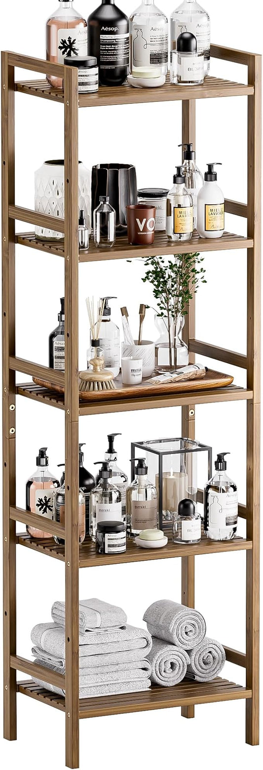 HITNET Bamboo Book Shelf, Tall Narrow Bookcase, Bathroom Shelving Unit 5 Tier Floor Standing Adjustable Bookshelf for Small Spaces, Walnut