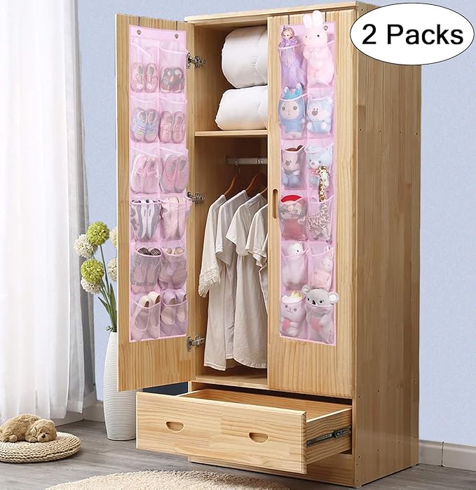 MISSLO Kids Over the Door Shoe Organizer Baby Hanging Shoe Rack Narrow Closet Storage bags with 12 Mesh Pockets for Girl Women Men Toddler Nursery, 2 Packs, Pink-NeatNest