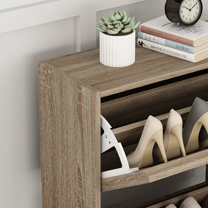 Homsee Modern Shoe Storage Cabinet with 3 Flip Drawers & Twill Louver Doors, Wood 3-Tier Shoe Rack Storage Organizer for Entryway, Hallway & Bedroom, Brown (22.4”L x 9.4”W x 42.3”H)-NeatNest