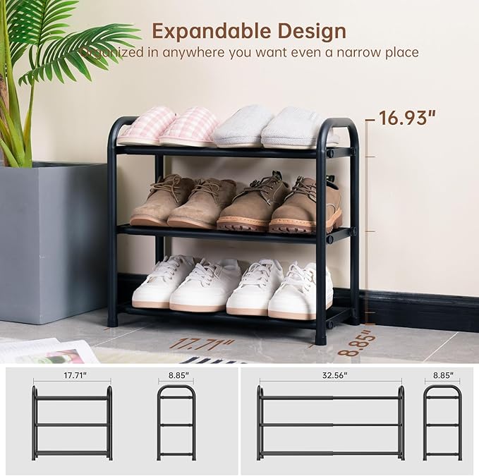 Gonfoam 3-Tier Expandable Shoe Rack,Adjustable Shoe Shelf Storage Organizer Heavy Duty Metal Free Standing Shoe Rack for Entryway Closet Doorway (Black)-NeatNest