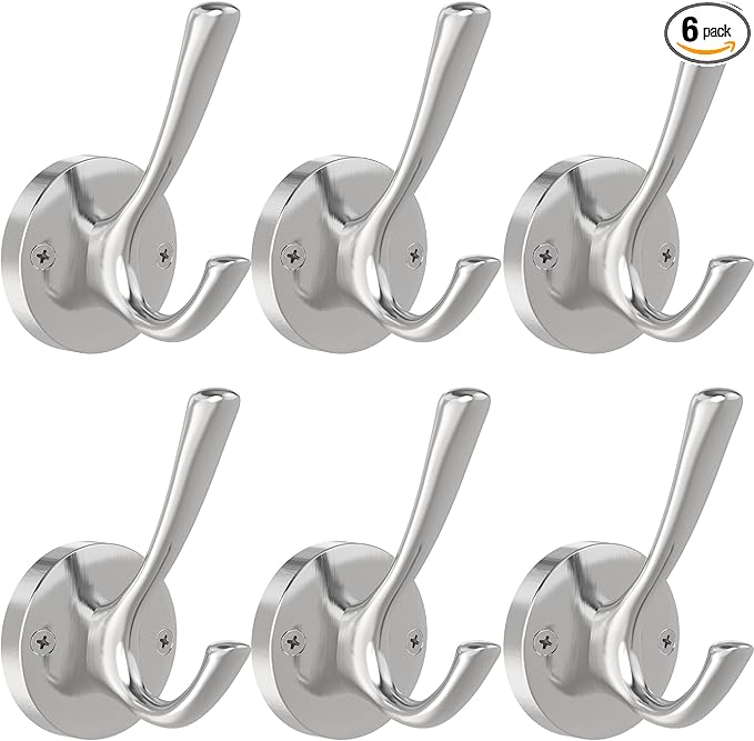 Brushed Nickel Wall Hooks, 6 Pack Coat Robe Hook Heavy Duty Metal Double Bath Hook Wall Mounted, Hand Towel Hooks for Cubicle Bathroom Kitchen Closet Garage-NeatNest