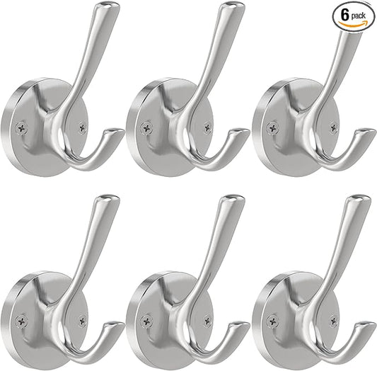 Brushed Nickel Wall Hooks, 6 Pack Coat Robe Hook Heavy Duty Metal Double Bath Hook Wall Mounted, Hand Towel Hooks for Cubicle Bathroom Kitchen Closet Garage-NeatNest