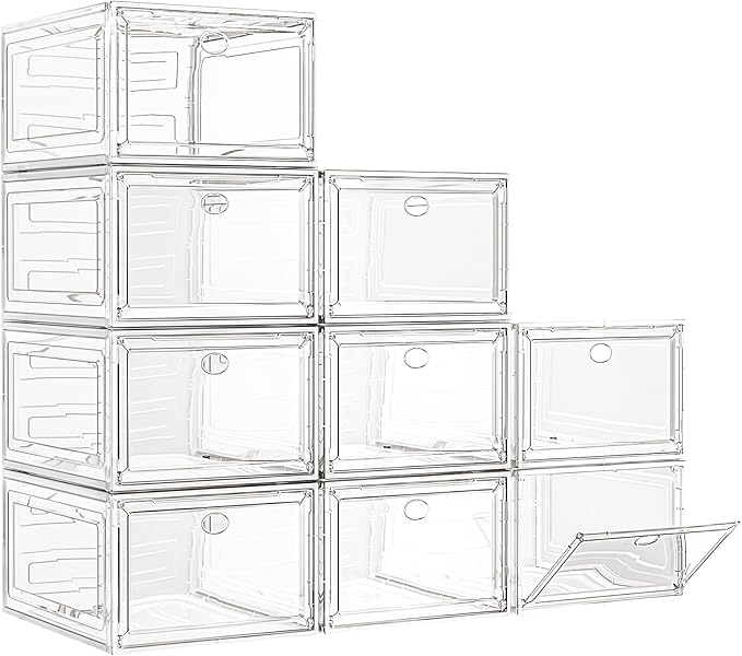 7 code Large Clear Shoe Boxes Organizer【Thicker Material】 Stronger Shoe Box with Magnetic Door, Stackable Shoe Storage Box for Closet, Foldable Space-Saving Storage Bins Shoe Cabinet, White 9 Pack-NeatNest