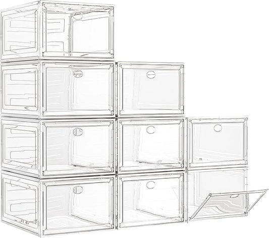7 code Large Clear Shoe Boxes Organizer【Thicker Material】 Stronger Shoe Box with Magnetic Door, Stackable Shoe Storage Box for Closet, Foldable Space-Saving Storage Bins Shoe Cabinet, White 9 Pack-NeatNest