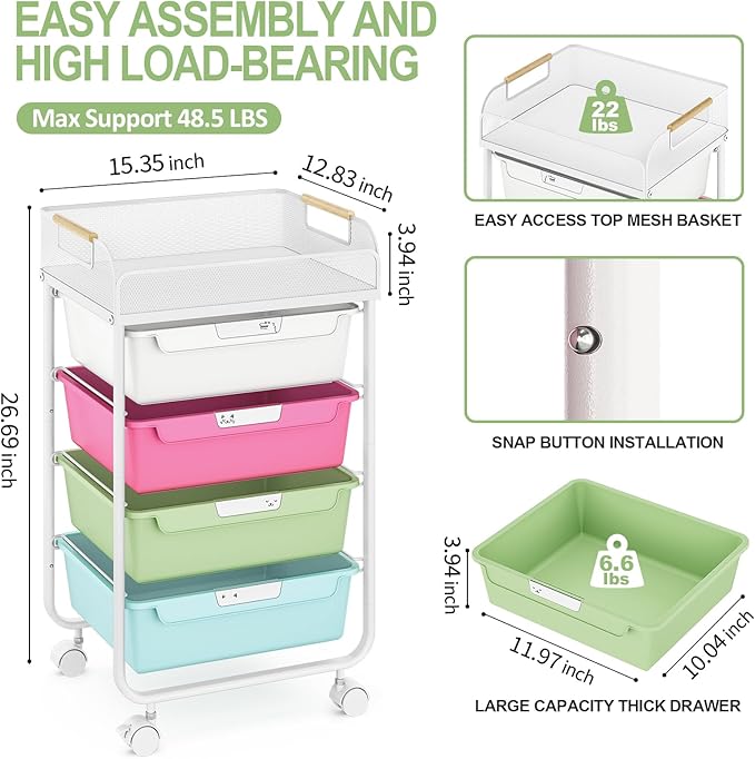 Utility Cart with Drawers,Rolling Cart with Drawers,Craft Cart,Storage Cart with 4 Drawers & DIY Lable for Office Kids Room Bedroom, Multicolor