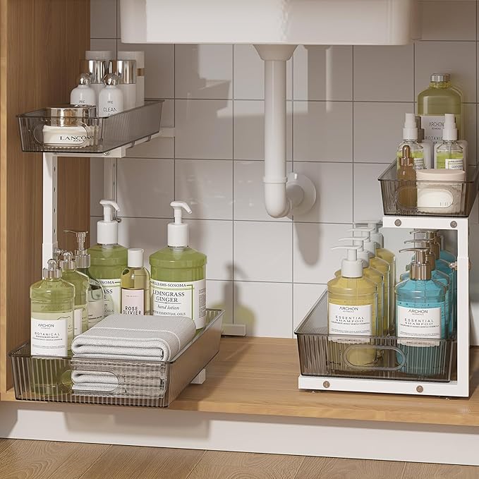 ADRIMER Under Sink Organizer 2 Packs, Pull Out Kitchen Sink Organizer, 2 Tier Slide Out Kitchen Organizers and Storage Bathroom Under Cabinet Storage Shelf, Grey & White-NeatNest