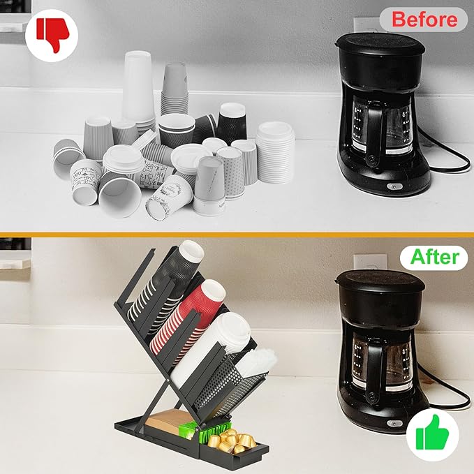 Coffee Cup Dispenser, Cup and Lid Holder for Countertop, 5 Compartment All Metal Paper Cups Lids Straw Pods Sleeves Holder, Coffee Station Bar Organizer