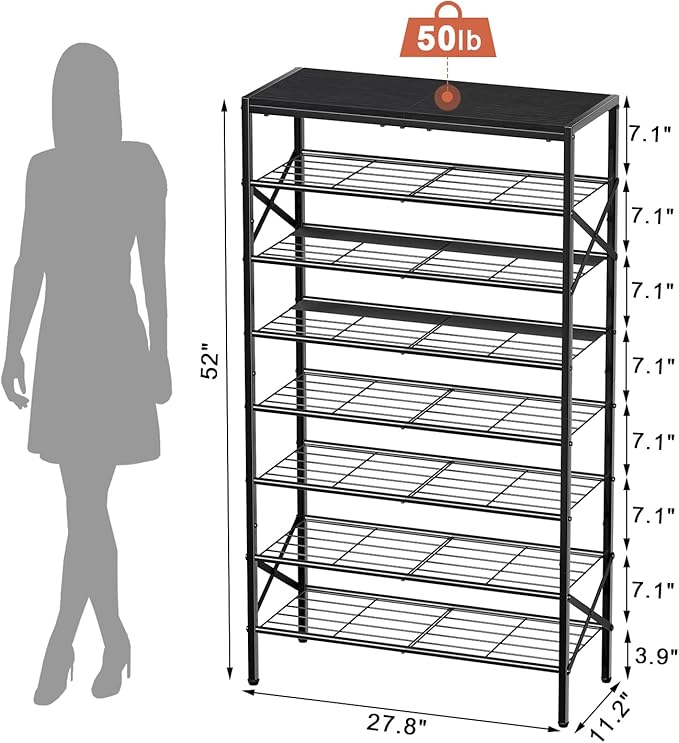 8-Tier Tall Shoe Rack Organizer Shoe Storage for Entryway 24-32 Pairs Metal Shoe Rack for Closet Heavy-Duty Shoe Rack with Wooden Top Shelf for Garage Black-NeatNest