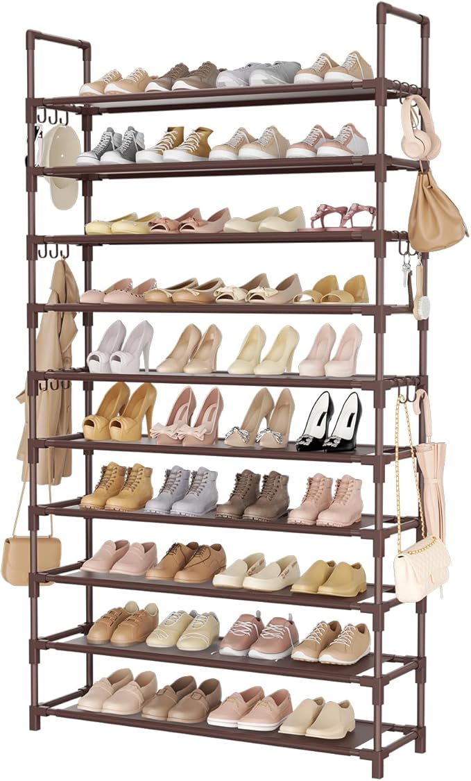 Tall Shoe Rack 10 Tier Shoe Organizer Large Shoe Shelf with 18 Hooks Storage for 50 Pair Sneaker and Boot, Stackable Vertical Shoe Rack Organizer for Closet, Entryway, Bedroom, Brown-NeatNest