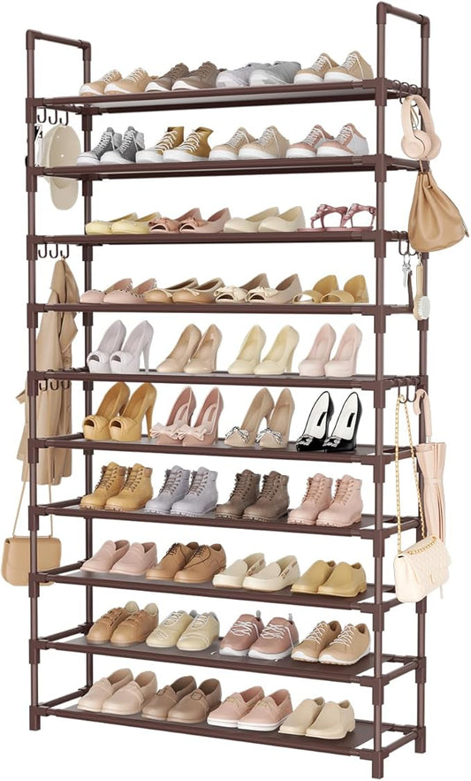 Tall Shoe Rack 10 Tier Shoe Organizer Large Shoe Shelf with 18 Hooks Storage for 50 Pair Sneaker and Boot, Stackable Vertical Shoe Rack Organizer for Closet, Entryway, Bedroom, Brown-NeatNest