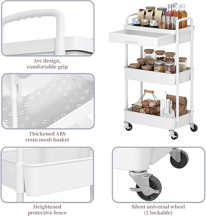 Dttwacoyh 3-Tier Rolling Cart，Trolley with Drawer, Multifunctional Storage Organizer with Plastic Shelf & Metal Wheels, Kitchen Storage Cart for Living Room, Kitchen, Office, Bathroom, White