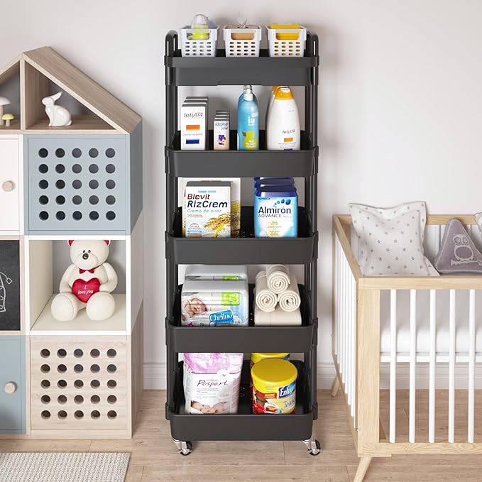 Calmootey 5-Tier Rolling Utility Cart with Drawer,Multifunctional Storage Organizer with Plastic Shelf & Metal Wheels,Storage Cart for Kitchen,Bathroom,Living Room,Office,Black-NeatNest