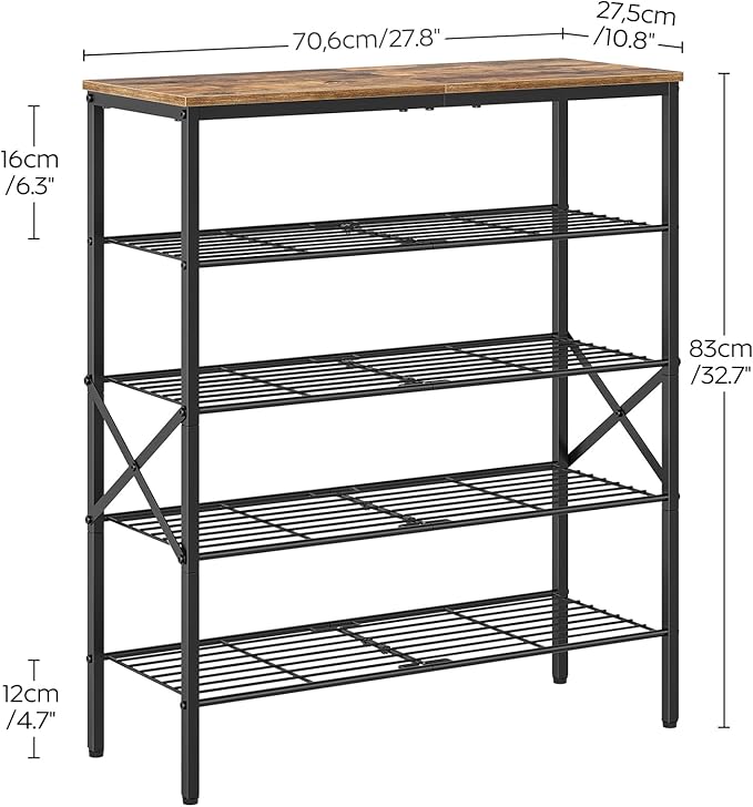 5-Tier Shoe Rack, Shoe Storage for Entryway and Closet, Free Standing Shoe Organizer with Metal Mesh Shelves, 16-20 Pairs of Shoes, Rustic Brown and Black SS05BR-NeatNest