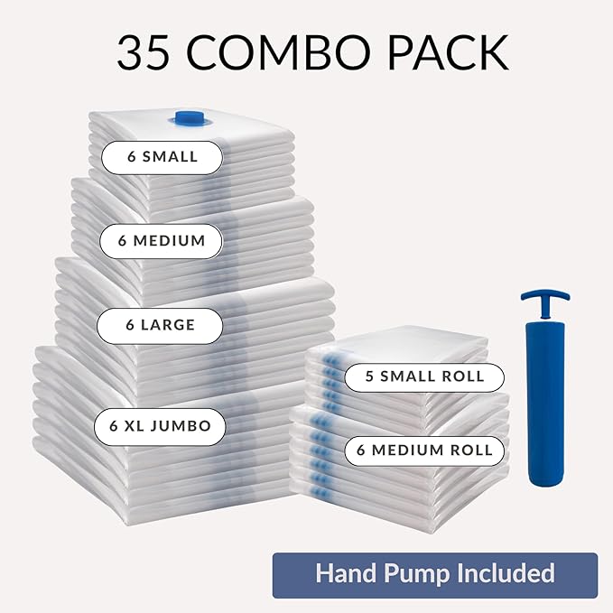 35 Pack Vacuum Storage Bags with Pump, Compression Space Saver for Comforters, Bedding, Blanket Storage, Vacuum Seal Bags for Clothing, Luggage and Closet Organizer, Safe Poly Material-NeatNest