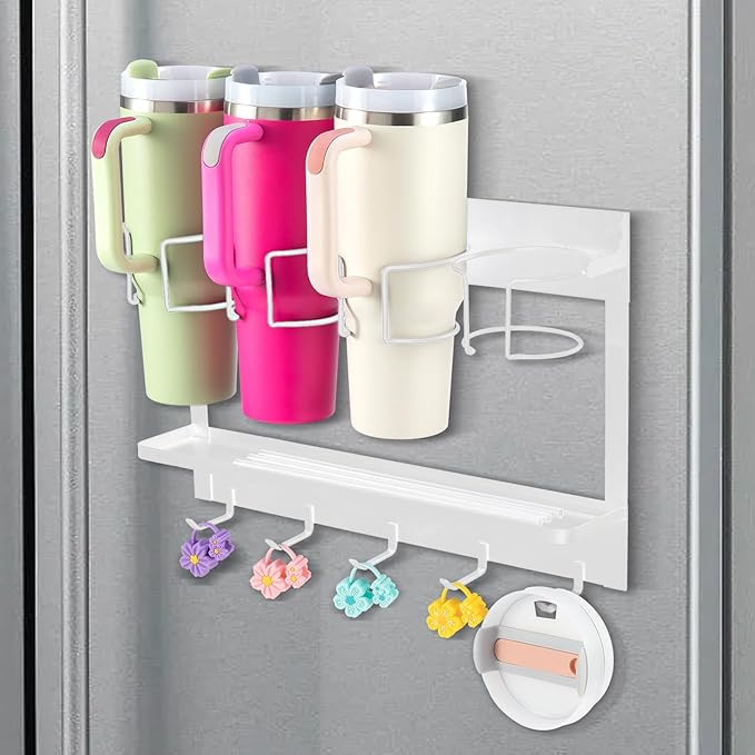 CINPIUK Water Bottle Organizer Holder, Magnetic Mug Hook Storage for Stanley & Large Tumbler, Space Saving Wall Mount Mug Organizer with 5 Hook, Easy to Install, White-NeatNest