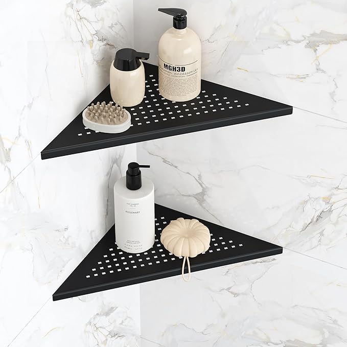 Corner Shower Shelves, 10” Recessed Tile Shower Shelf Matte Black, 304 Stainless Steel Grout in Corner Tile Bathroom Shelves, No Drilling, 2 Pack-NeatNest