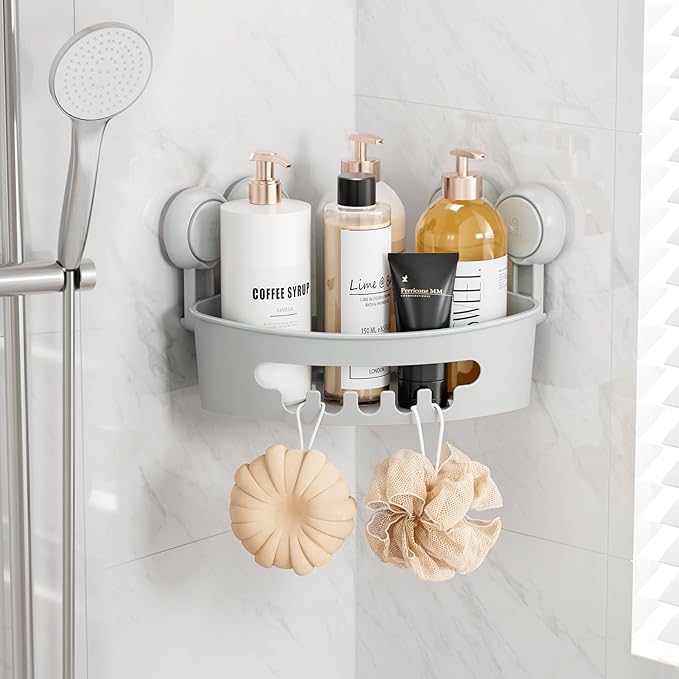 TAILI Corner Shower Caddy with Suction Cups, Wall Mounted Organizer Plastic Rack for Small Bathrooms, Kitchen, Removable Drill-Free Heavy Duty Shelf Basket, Grey