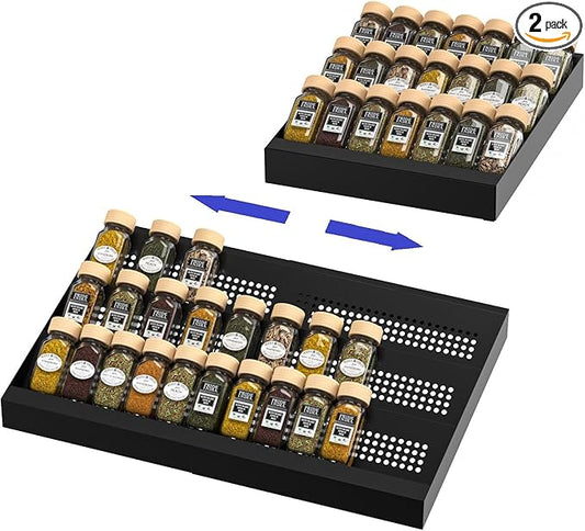 Expandable Metal Spice Drawer Organizer,3-Tier Slanted Seasoning Jars Tray for Kitchen Cabinet Drawers Insert/Countertop (Jars not included)-3Tier,2packs/Black-NeatNest