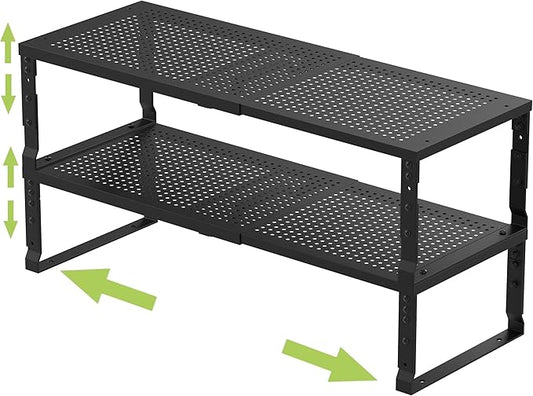 Expandable Adjustable Stackable Kitchen Organizer, Spice Rack,Metal Pantry Storage Shelves Racks,Counter Shelf for Cabinets, Countertop, Cupboard(2 Packs/Medium/Black)-NeatNest