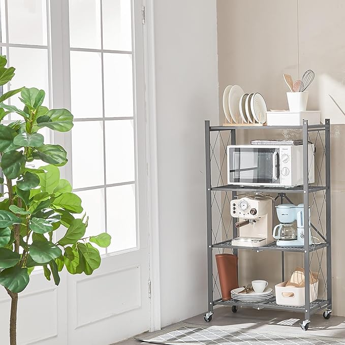 BRIAN & DANY 4-Shelf Foldable Storage Shelves with Wheels, Folding Metal Rack Shelving Unit, Heavy Duty No Assembly Organizer Shelf for Garage, Kitchen, Basement, Pantry, Gray-NeatNest