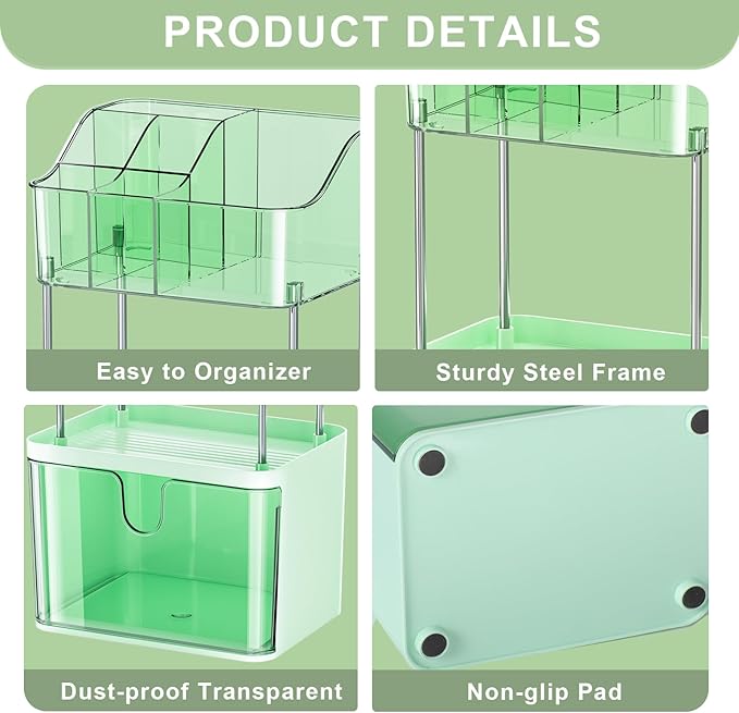Makeup Organizer Countertop with Drawer, Bathroom Counter Organizers, Anti-Slip Dustproof Exquisite Dresser Vanity Storage for Skin Care Perfume Beauty Lipstick,Green
