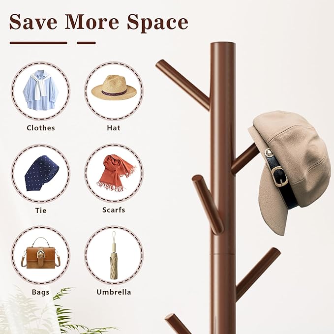 2 Pack Coat Rack, Solid Wood Coat Rack Freestanding with 8 Hooks & 3 Adjustable Heights, Simple Assembly Coat Tree for Hats, Bags, Wooden Coat Hanger Stand for Bedroom, Entryway, Office-NeatNest