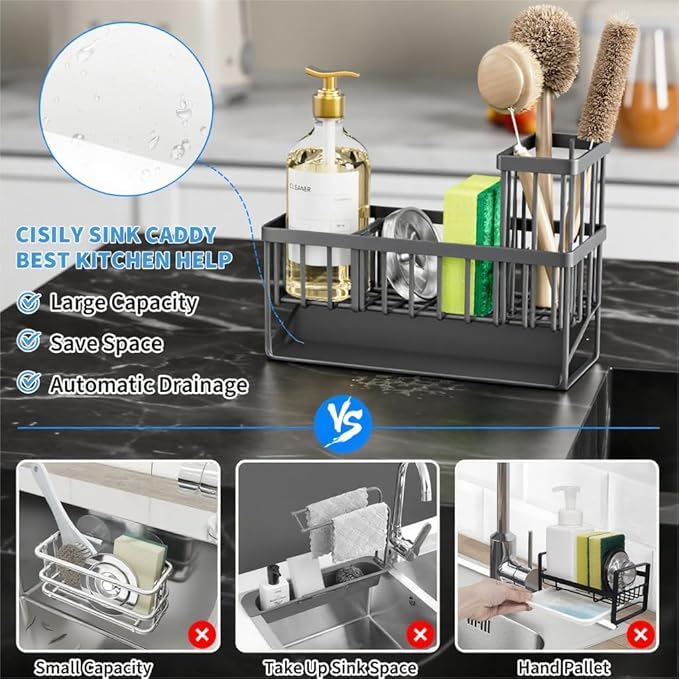 Cisily Sink Caddy Organzier with High Brush Holder, Sponge Holder for Sink, 304 Rustproof Stainless, Kitchen Countertop Soap Dispenser Organizer, Dark Gray Kitchen Decor and Accessories-NeatNest