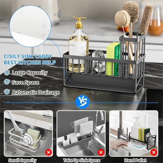 Cisily Sink Caddy Organzier with High Brush Holder, Sponge Holder for Sink, 304 Rustproof Stainless, Kitchen Countertop Soap Dispenser Organizer, Dark Gray Kitchen Decor and Accessories-NeatNest