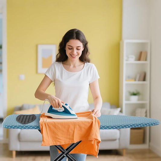 Compact Ironing Board 13 x 43, Iron Board with Heat Resistant Surface, Adjustable Height, Space Saving Table with Hook & Iron Rest for Home & Laundry Room, Diagonal Checkered Blue-NeatNest