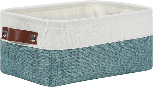 DULLEMELO Small Storage Bin,Small Fabric Rectangular Storage Basket for Shelves,Foldable Bin with Handles for Toy and Clothes Storage (White&Dark Green,1 PACK)-NeatNest