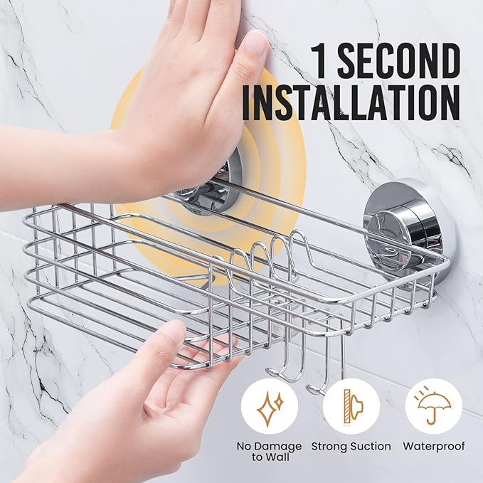 LEVERLOC Shower Caddy Suction Cup, 3 Pack Heavy Duty Bathroom Organizer For Inside Shower With Hooks & Soap Holder, Removable Bathroom Organizer, Rustproof Silver Holder Storage Storage,Silver