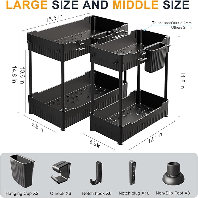 2 Pack Under Sink Organizer, Under Bathroom Cabinet Organizer with Hooks Hanging Cup, Multi-Purpose Storage Shelf for Kitchen Bathroom (Black, XL)-NeatNest