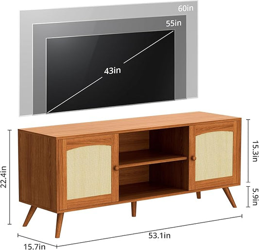 Brown Rattan TV Stand for 60 Inch TV, Wooden Mid Century Modern Entertainment Center with Natural Rattan Door, Boho Media TV Console for Living Room-NeatNest